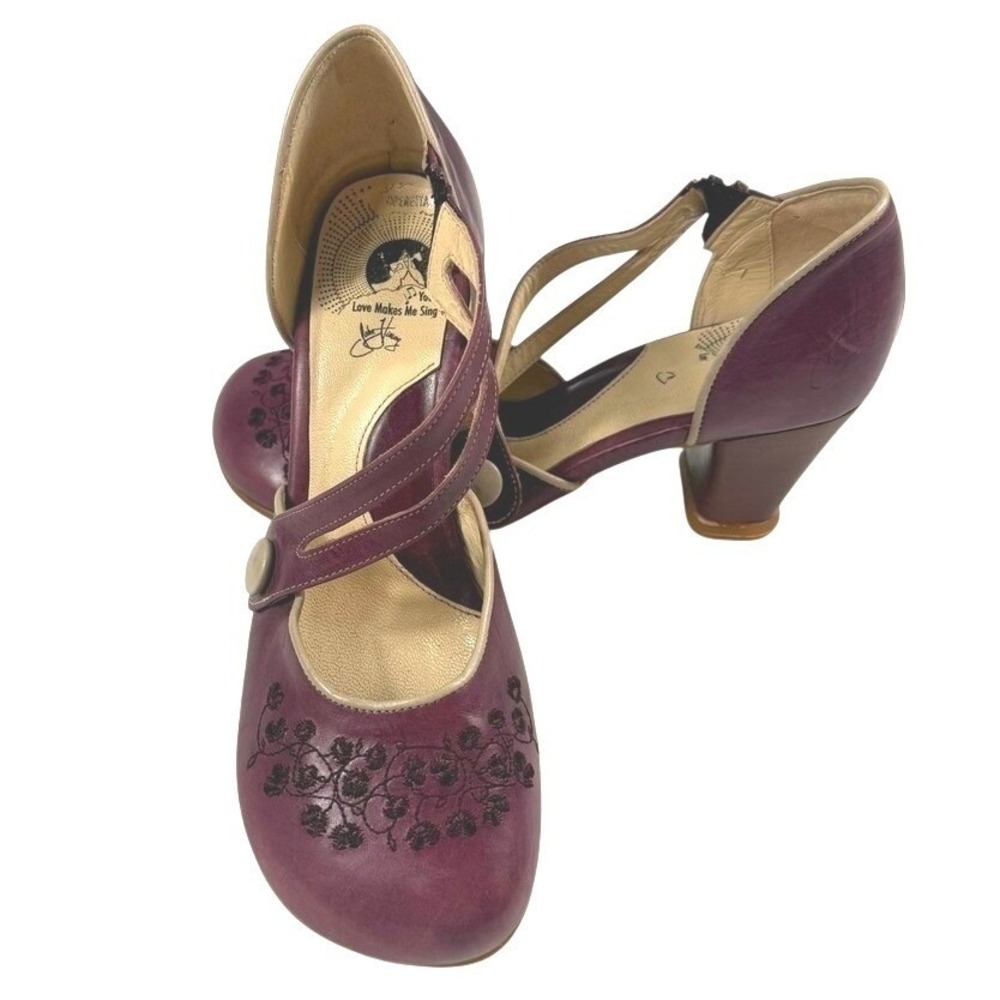 John Fluevog Operetta Minstrel Burgundy Leather Floral Embroidered Mary Jane